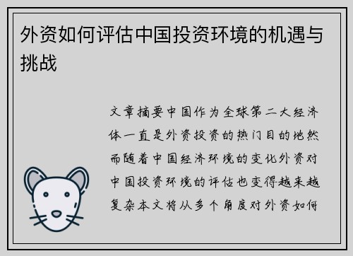 外资如何评估中国投资环境的机遇与挑战